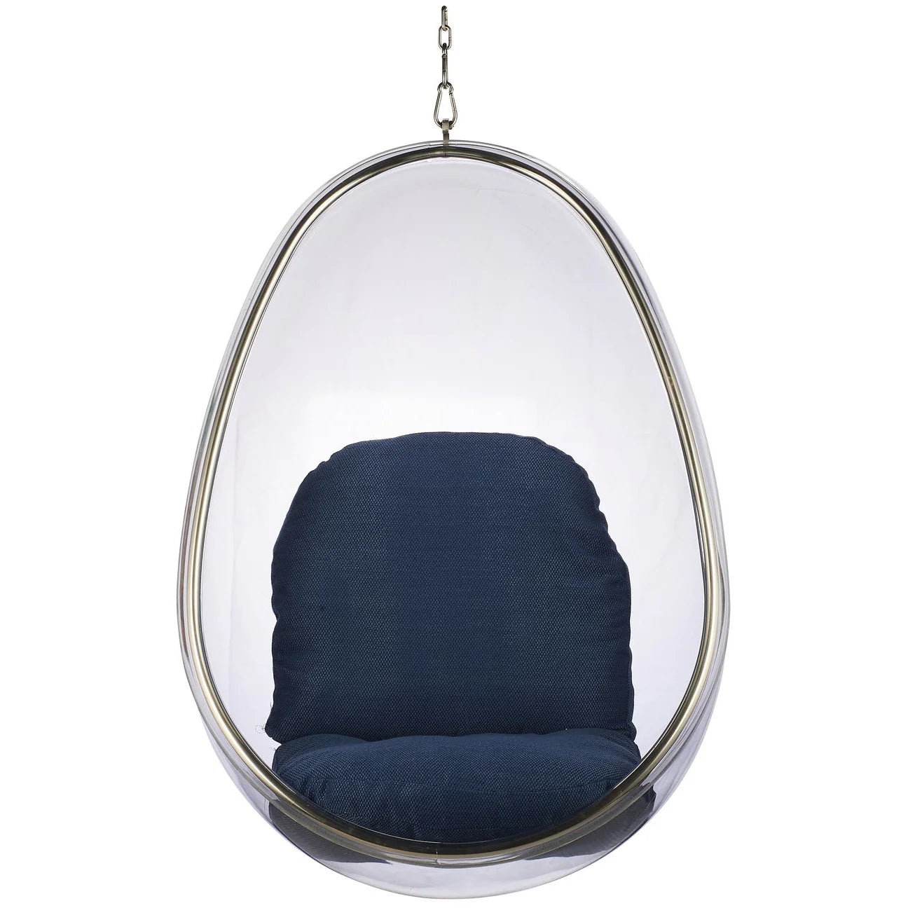 Hanging egg chair with blue cushion