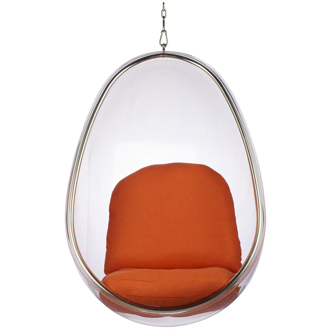 Hanging egg chair with orange cushion