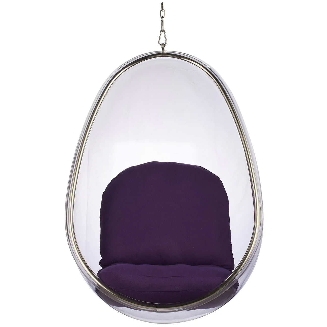 Hanging egg chair with purple cushion