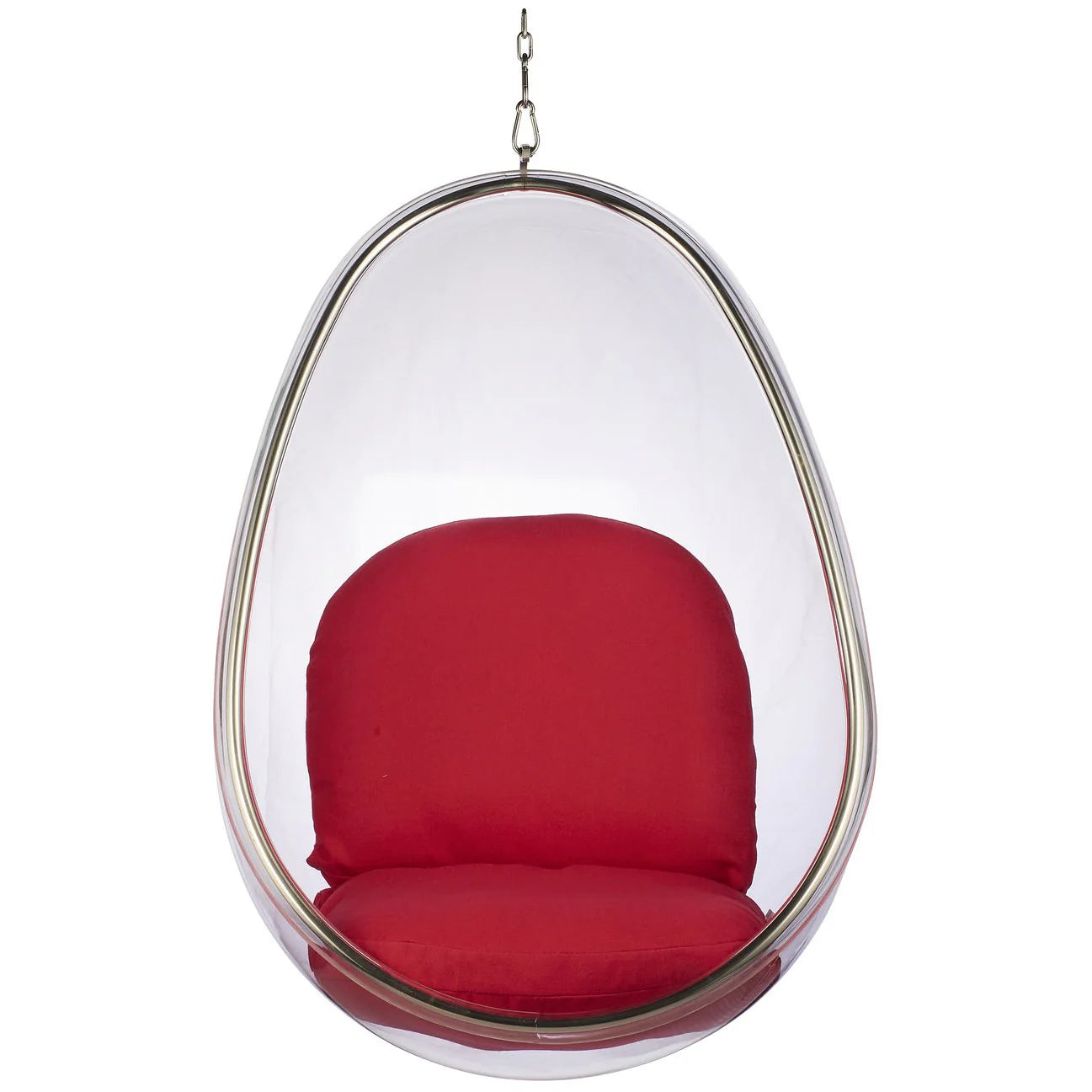 Hanging egg chair with red cushion