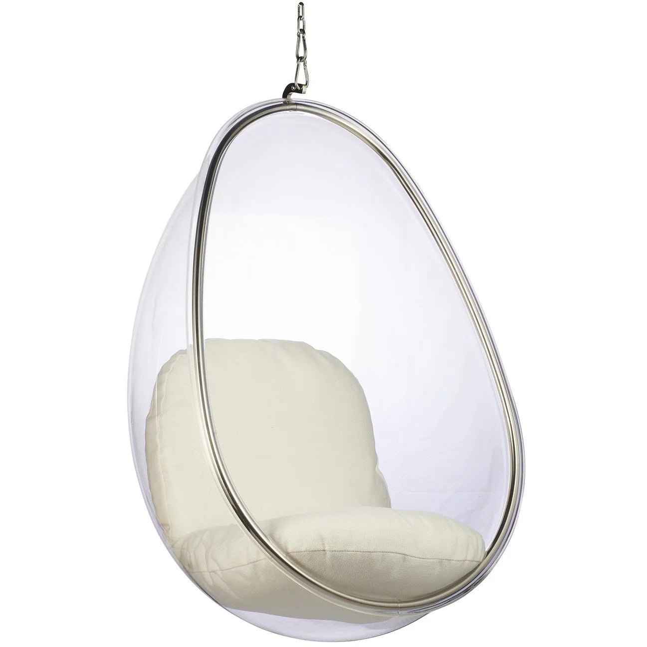 Hanging egg chair with white cushion