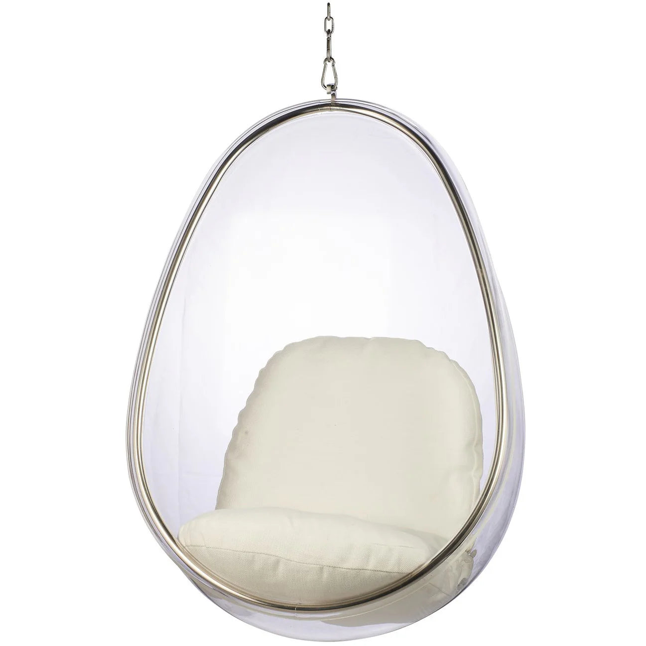 Hanging egg chair with white cushion
