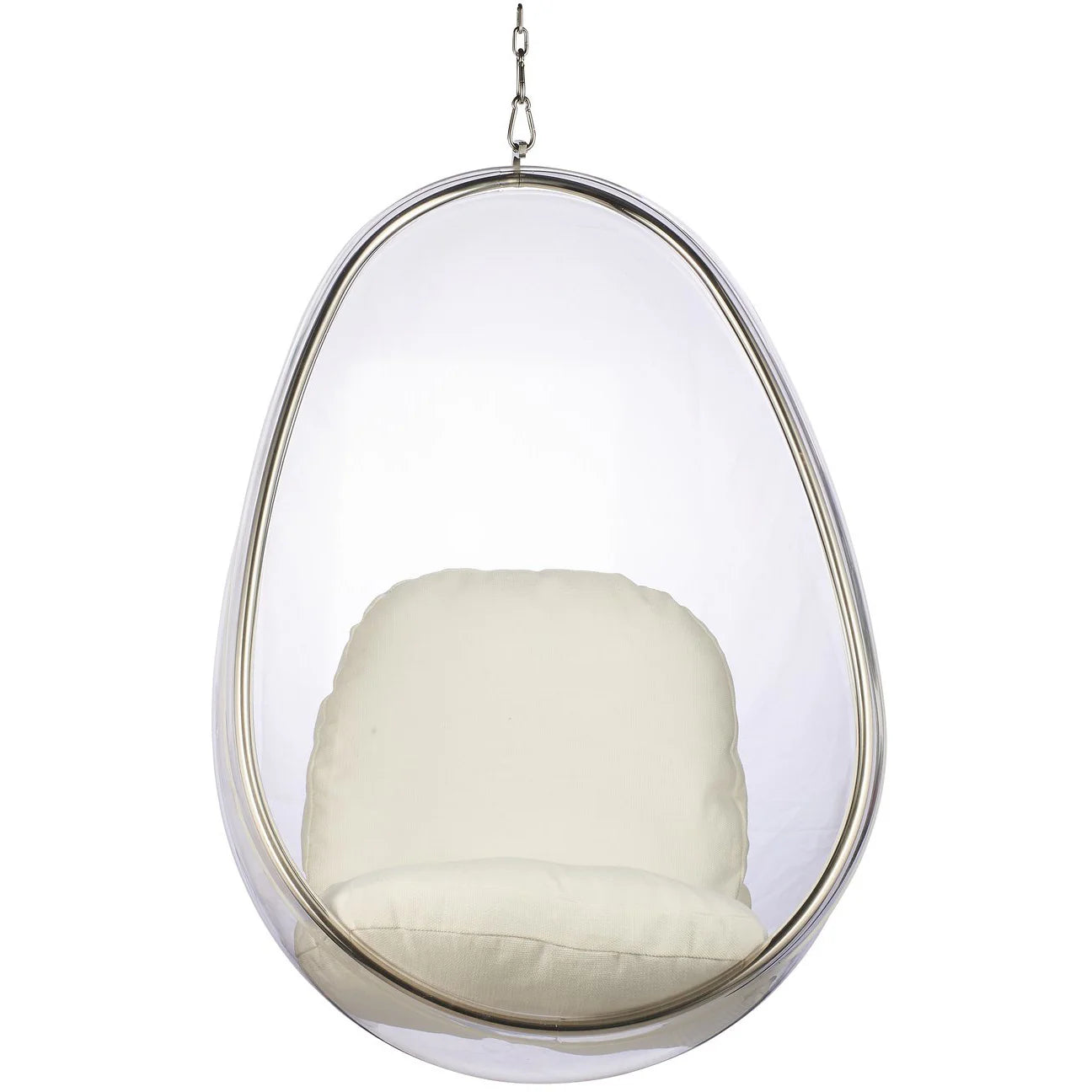 Hanging egg chair with white cushion