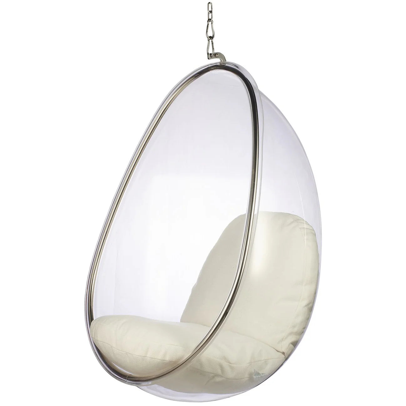 Hanging egg chair with white cushion