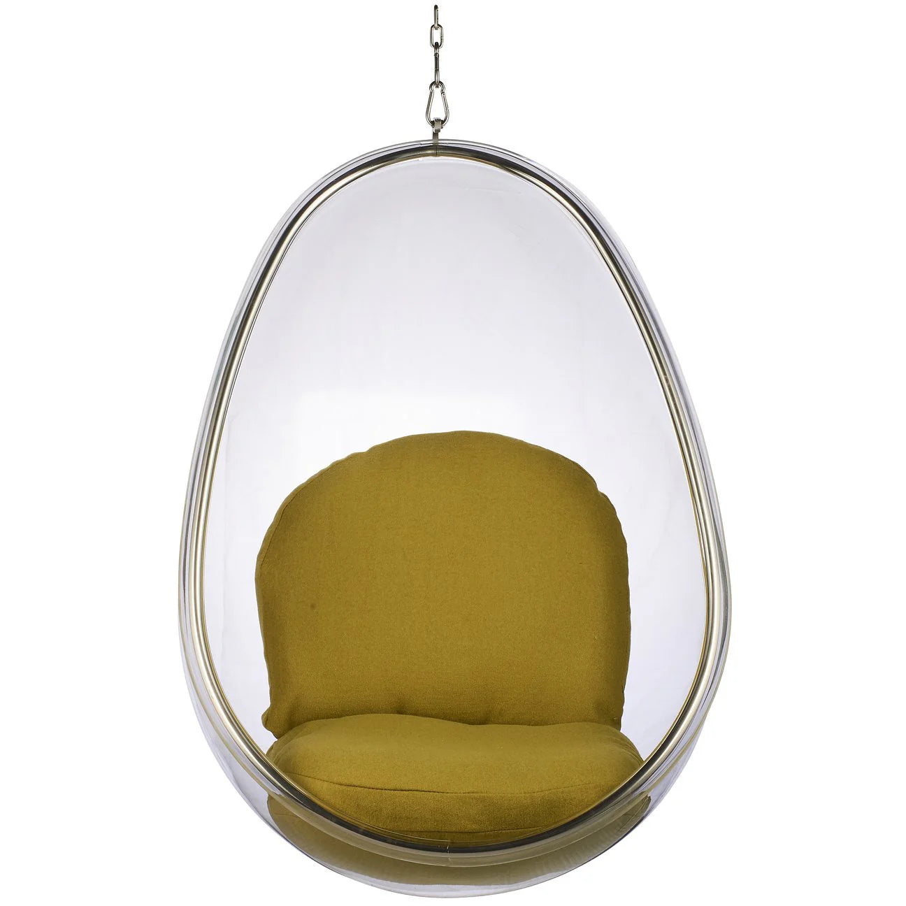 Hanging egg chair with yellow cushion